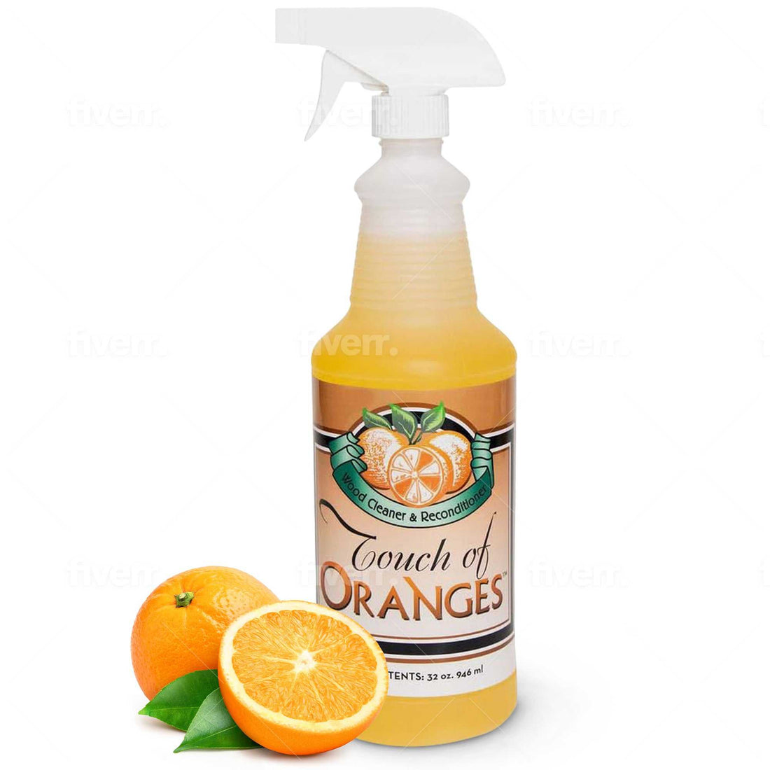 Touch Of Oranges natural wood cleaner spray bottle with orange scent and fresh oranges on white background