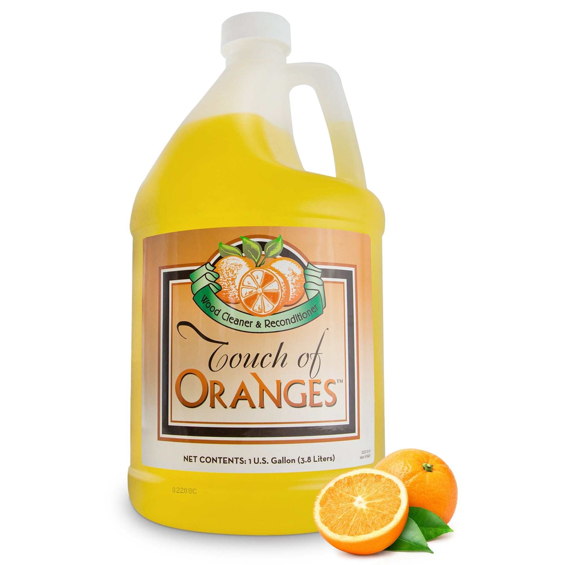 Touch Of Oranges wood cleaner in a 1-gallon container with fresh orange slices beside it, natural citrus wood cleaning solution.