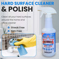Bottle of Ultimate Hard Surface Cleaner and Polish next to text highlighting streak-free and film-free cleaning with image of hand cleaning faucet with cloth
