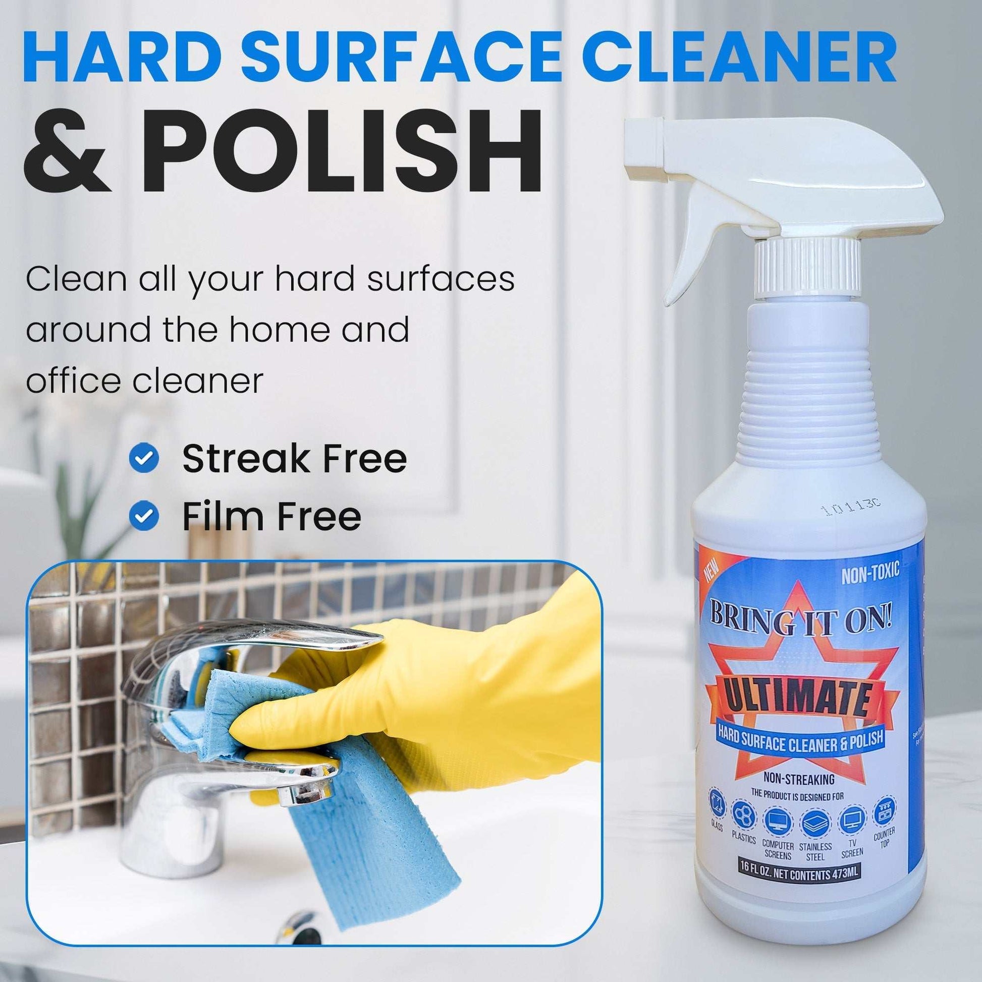 Bottle of Ultimate Hard Surface Cleaner and Polish next to text highlighting streak-free and film-free cleaning with image of hand cleaning faucet with cloth