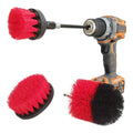 Drill Brush 3 Pack with medium stiff red and black bristles attached to a cordless drill for versatile cleaning tasks