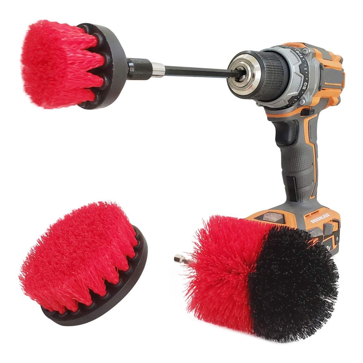 Drill Brush 3 Pack with medium stiff red and black bristles attached to a cordless drill for versatile cleaning tasks