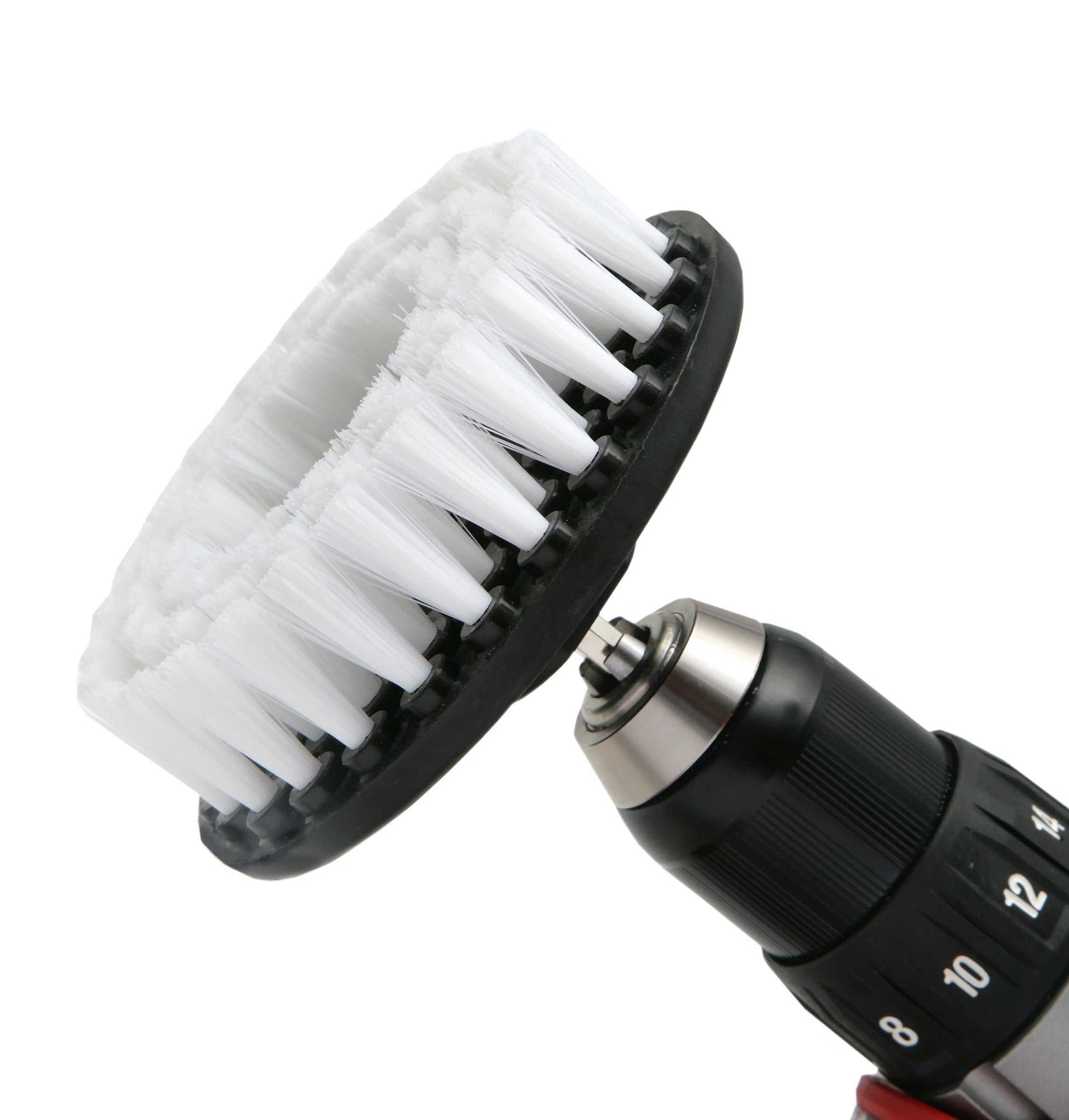 White soft drill brush attachment with soft bristles for gentle, scratch-free cleaning on delicate surfaces