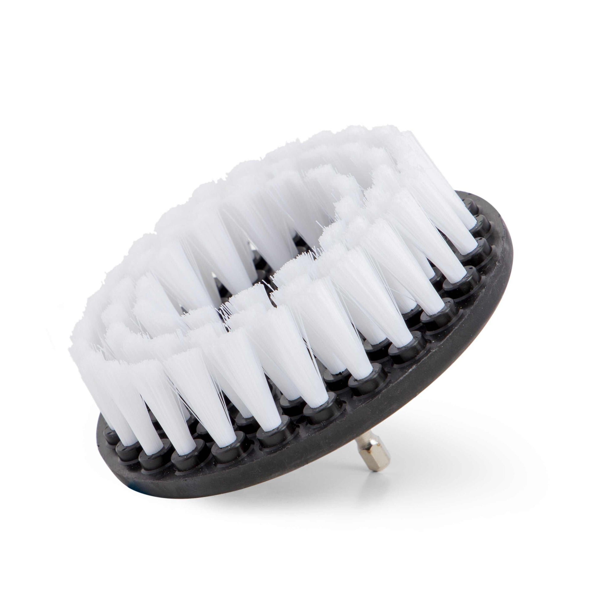 White soft drill brush attachment with gentle bristles for delicate surface cleaning